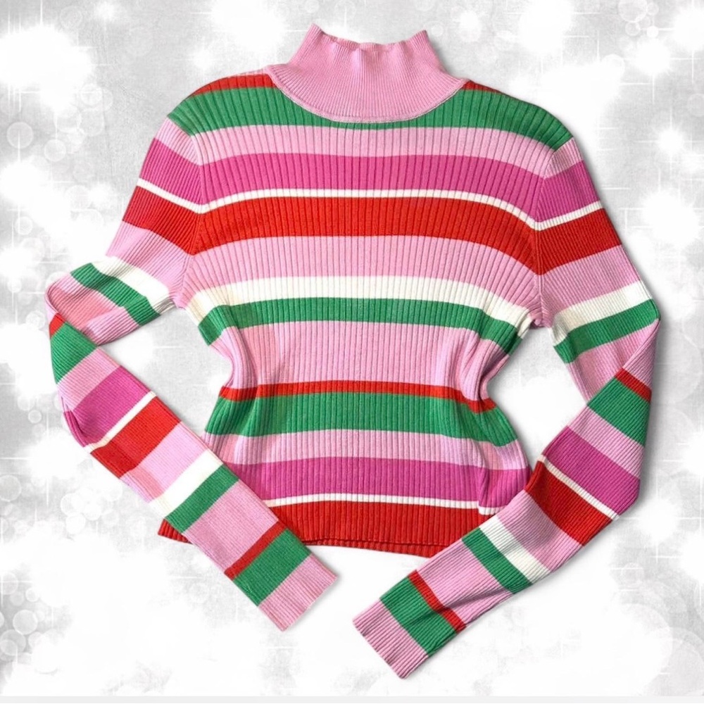 Y2K 90s Aesthetic Barbiecore Long Sleeve Turtle Neck Striped Top - Picture 3 of 7